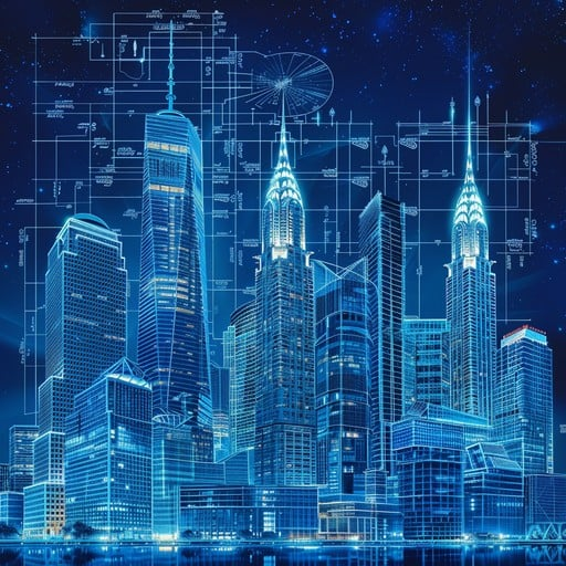 A person wearing AR glasses, interacting with a digital layer of information superimposed on a cityscape
