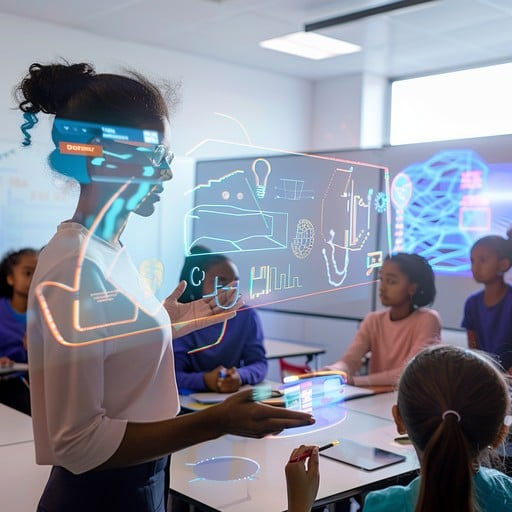 A student wearing AR glasses, interacting with a 3D model of the human brain