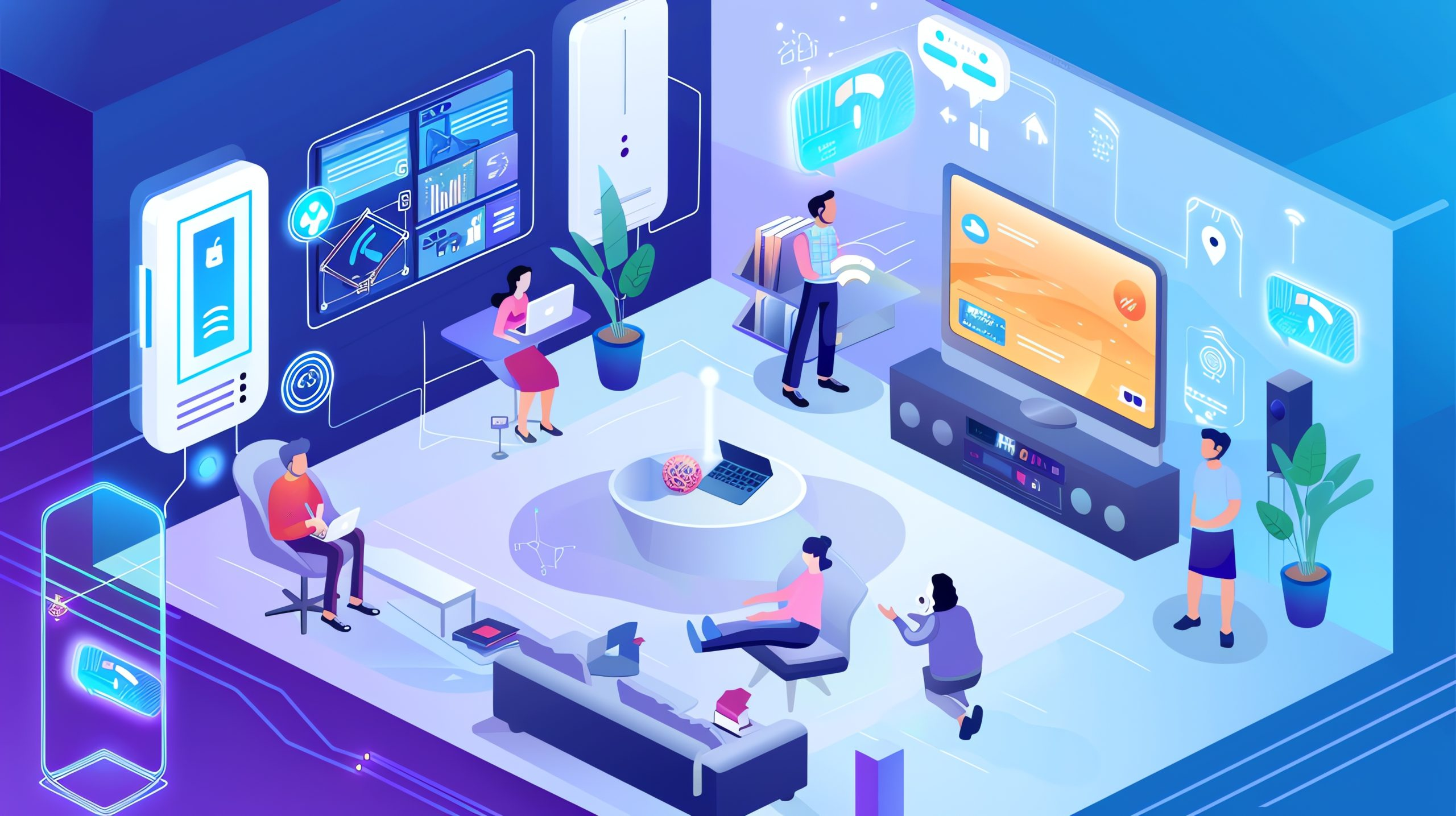 Smart home devices, including thermostats, lights, and security cameras, working together to create a seamless experience