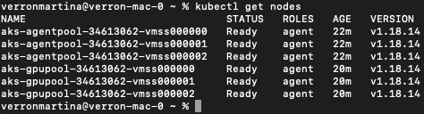 kubectl terminal output displaying AKS cluster nodes