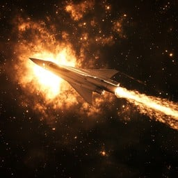 A spaceship blasting off into the sky, leaving a trail of flames behind