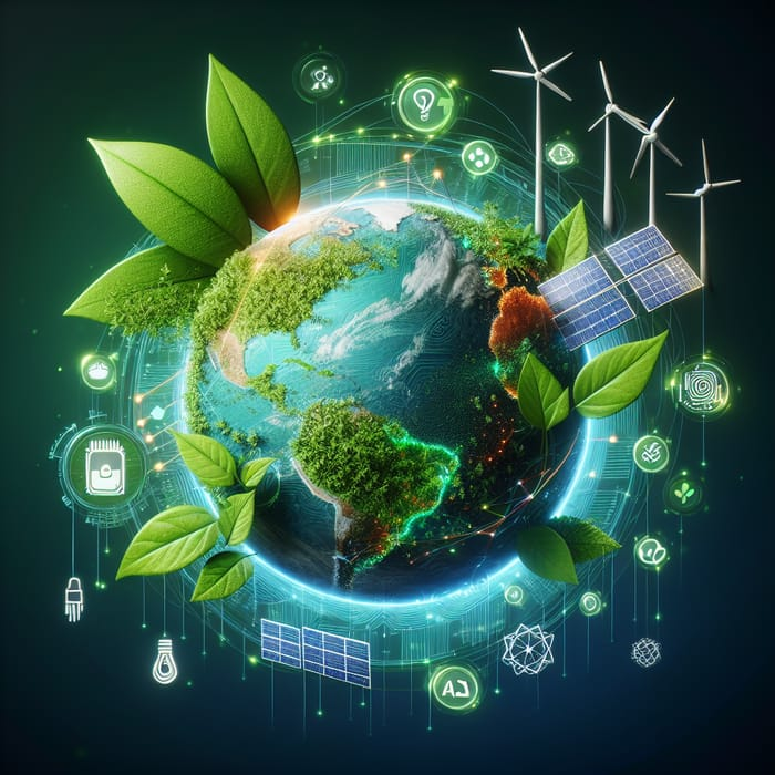 A illustration of a green earth with sustainable technology elements