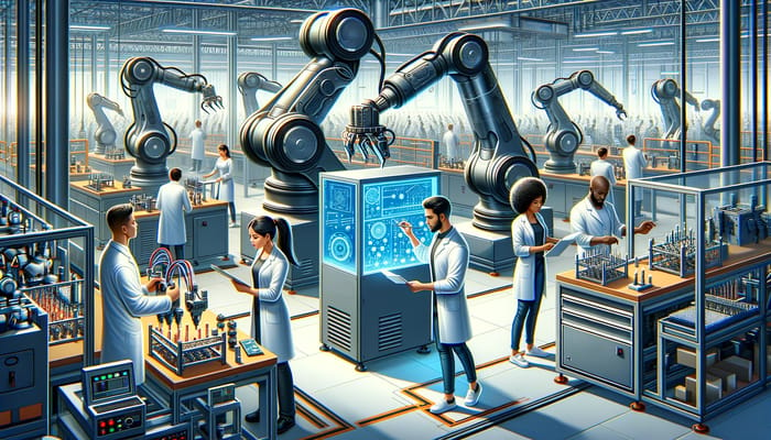 A futuristic image of robots collaborating with humans in a futuristic cityscape