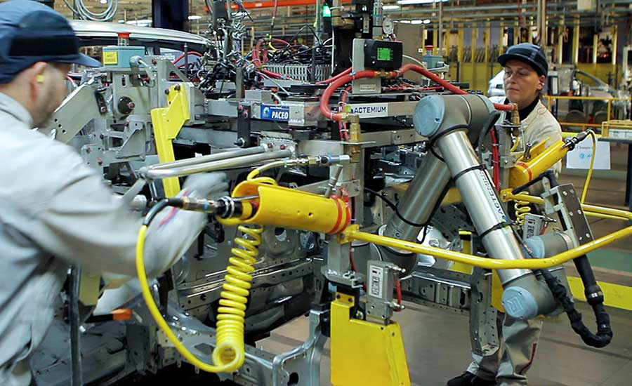 A human worker collaborating with a cobot to assemble a product
