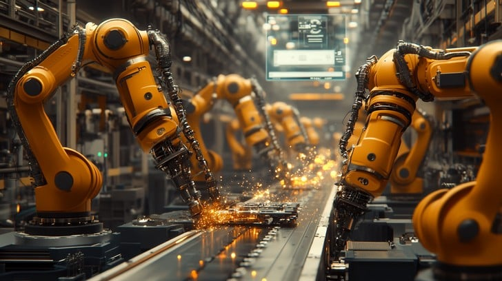 A robotic arm assembling a car part with precision and speed